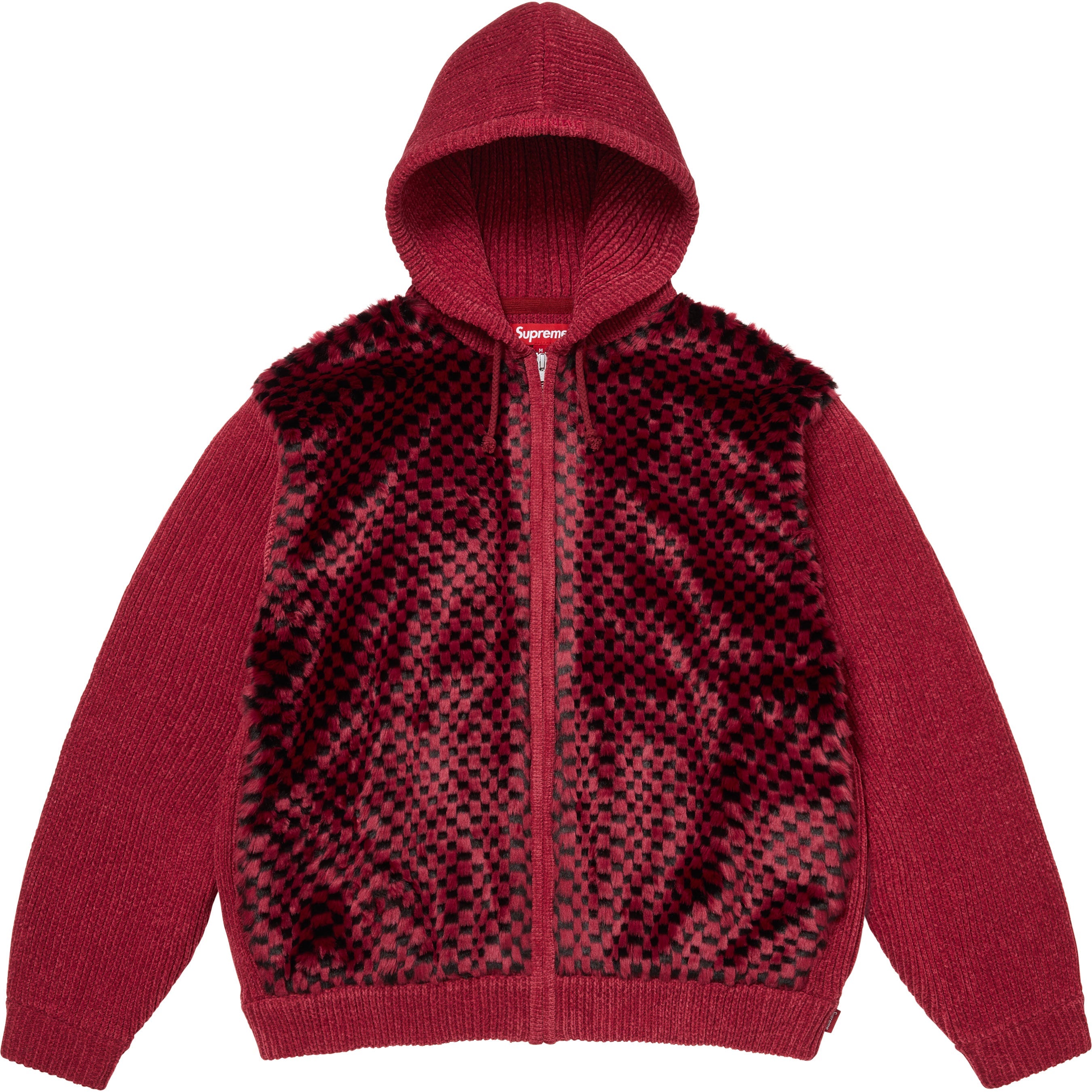 Checkerboard Faux Fur Zip Up Hooded Sweater view 9